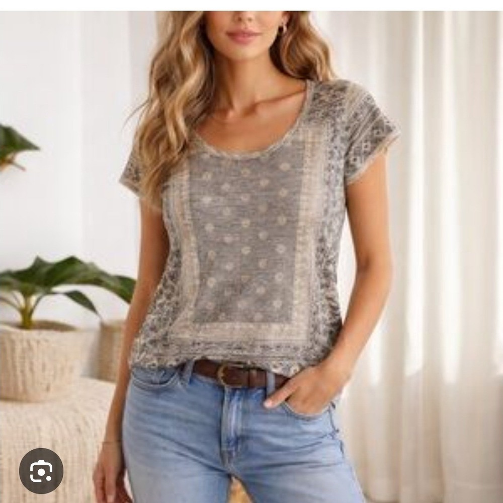 Lucky Brand Womens Grey Bohemian Tile Print Cotton Modal Top Large Cap Sleeve